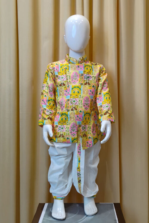 Vibrant Yellow Printed Kurta with White Dhoti for Boys