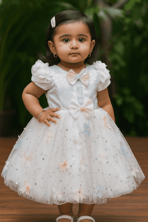 Girls White Butterfly Bow Party Dress