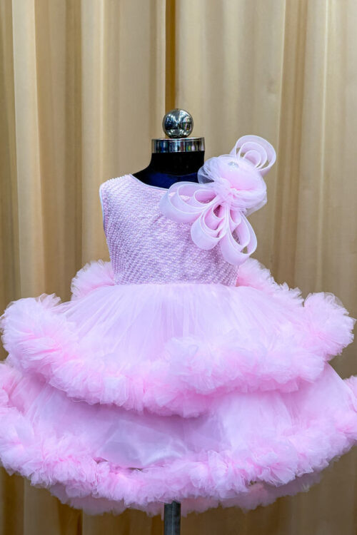 Pink Knee-Length Soft Net Fancy Frock With Detachable Tail.