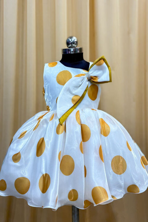 White & Mustard Polka Dot Knee-Length Fancy Frock
