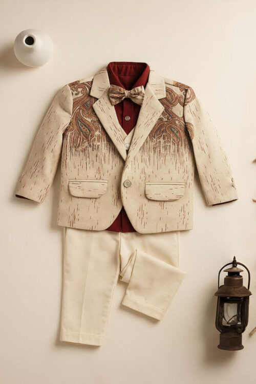 Cream Designer Ethnic Lenin Coat Suit Set