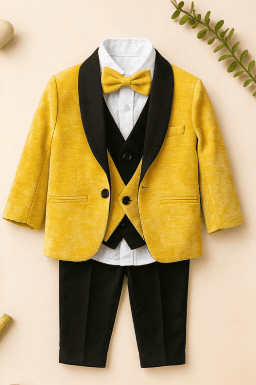 Boys Premium Party Wear Coat Suit Set -Yellow & Black