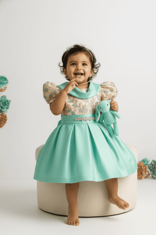 Mint Green Floral Brocade Party Dress for Girls