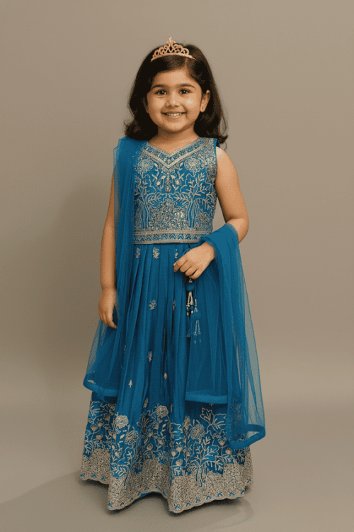 Royal Blue3-Piece Embroidered Choli Set for Girls