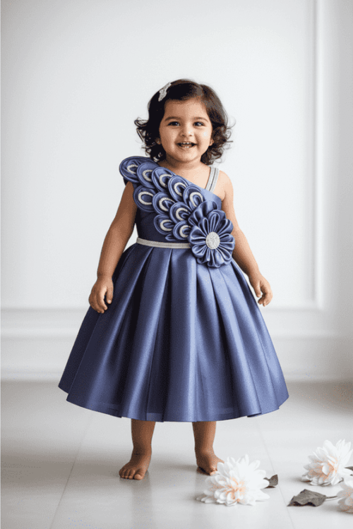 Designer Navy Pleated Party Dress for Girls