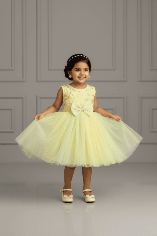 Pastel Yellow Floral Tulle Party Dress
