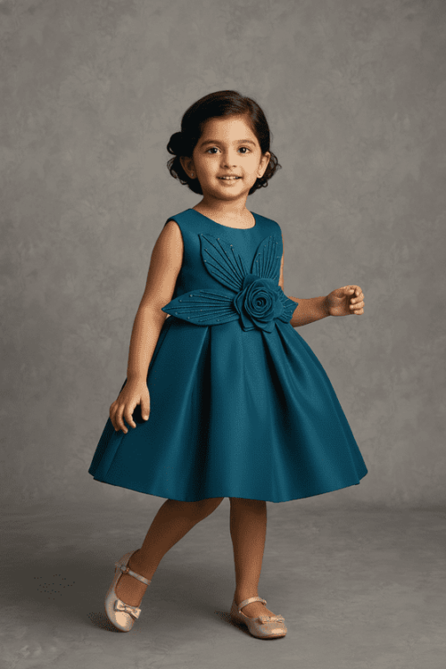 Designer Teal Satin Dress for Girls